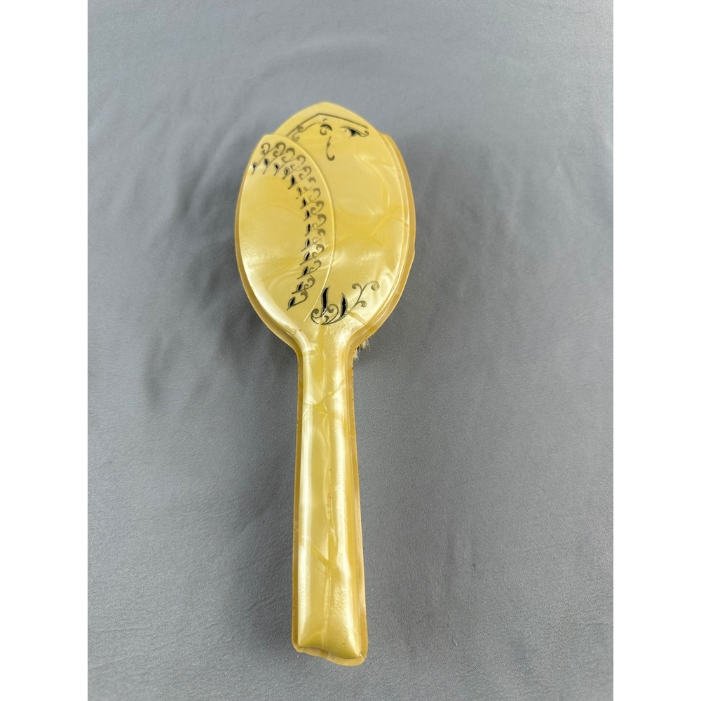Art Deco Yellow Celluloid‎ Vanity Brush w Black Scroll Design